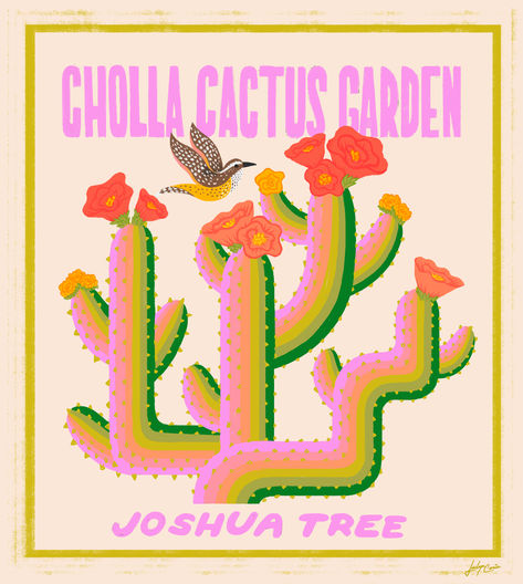 An illustration of a cholla cactus with a retro feel, flowers, and a cactus wren bird hovering above. Cholla Cactus Garden and Joshua tree are hand lettered in pink type. Cactus Illustration Art, Joshua Tree Illustration, Cactus Logo Design Ideas, Cactus Illustration Design, Kawaii Plants, Cactus Aesthetic, Desert Illustration, Clay Cafe, Tshirt Prints