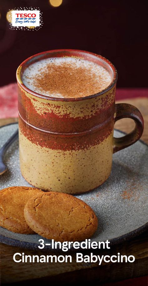 This cinnamon babycino is a great 'night before Christmas' treat for the kids. Made using just 3 ingredients, this cosy drink is the perfect accompaniment while waiting for Santa’s arrival… | Tesco Babyccino Drink, Tesco Recipes, Tesco Christmas, Tesco Real Food, Festive Food, Autumn Recipes, Christmas Food Dinner, Christmas Treat, Gourmet Coffee