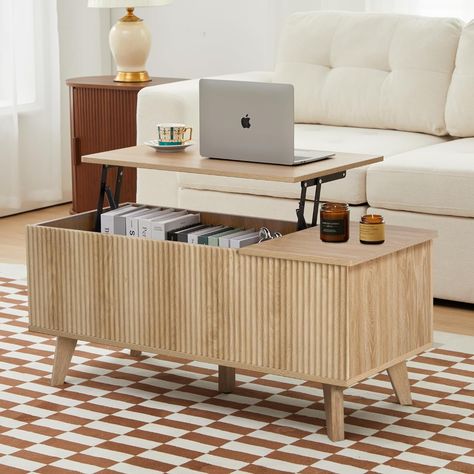 Amazon.com: wirrytor Wooden Fluted Lift Top Coffee Table with Hidden Compartment, Modern Rectangle Center Tables with Adjustable Storage Shelf, Lift Tabletop Dining Table for Home Living Room Office(Natural) : Home & Kitchen Skjulte Rum, Wood Lift Top Coffee Table, Lift Up Coffee Table, Small Apartment Furniture, Center Tables, Coffee Table Rectangle, Lift Top Coffee Table, Apartment Furniture, Wooden Coffee Table