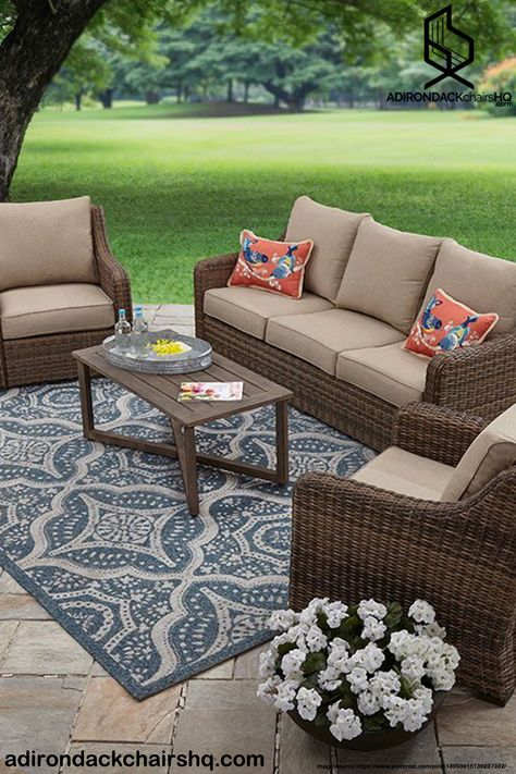 Tie your patio together with beautiful , colorful, and stylish outdoor rugs #adirondackchairshq #rug #adirondack #backyard #lawn #outdoor #patio #patiofurniture #outdoorrug #protectyourfloor #fiberrug #naturalrug #syntheticrug Indoor Sunroom Furniture Ideas, Walmart Patio Furniture, Deck Furniture Layout, Wooden Patio Furniture, Patio Furniture Layout, Resin Patio Furniture, Teak Patio Furniture, Sunroom Decorating, Outdoor Living Furniture