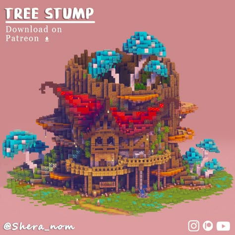 Hey :)! This is my biggest organic build yet - Overgrown mushroom Tree Stump House. Thanks to @DioRods for helping me with the interior! Build downloads are available for supporters on Patreon Mushroom Building Minecraft, Minecraft Tree Stump, Tree Stump Mushroom, Minecraft Mushroom House, Tree Stump House, Minecraft Mushroom, Stump House, Mushroom Tree, Minecraft Tree