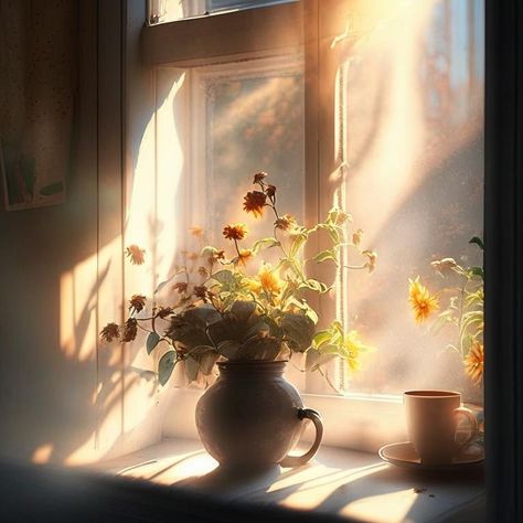 Sunlight Through Window, Morning Art, Cozy Rooms, Oil Painting Nature, Painting Nature, Sunny Weather, Cozy Room, Large Windows, Still Life Photography