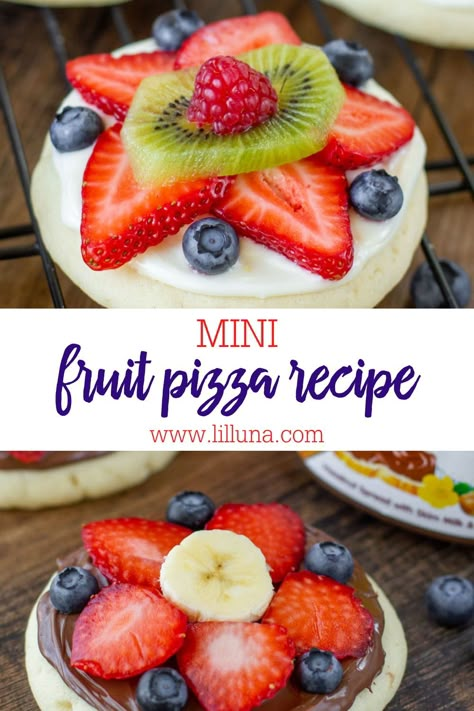 With a sugar cookie base, Mini Fruit Pizzas are individual-sized versions of a classic favorite. They're fresh and customizable!! #minifruitpizzas #fruitpizza #fruitpizzarecipe #sugarcookiepizza #cookiepizza Fruit Pizza Cookie Recipe, Good Baking Recipes, Individual Fruit Pizza, Veggie Apps, Mini Fruit Pizza, Apple Crisp Pizza, Fruit Pizza Cookies, Sugar Cookie Pizza, Summer Desserts For A Bbq