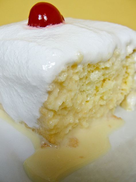 Tres Leches - Three-Milk Cake 3 Milk Cake, Three Milk Cake, Queso Dip, Milk Cake, Recipes Cake, A Piece Of Cake, Tres Leches, Piece Of Cake, Yummy Sweets