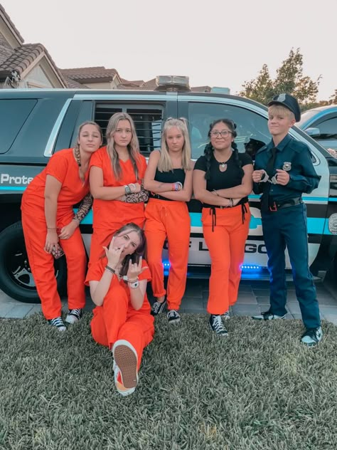 Cops And Robbers Football Theme, Cops Robbers Costume, Neon Robbers Halloween Costume, Jail Break Football Theme, Cops Vs Robbers Spirit Week, Cops And Prisoner Costume Group, Halloween Cops And Robbers, Cute High School Halloween Costumes, Cop And Inmate Costume Best Friends