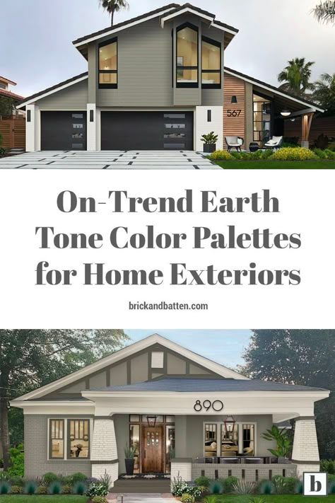 At brick&batten, we are big fans of stark contrast, modern lines, and bold colors. So, don't be confused by this post professing our love for an earth tone color palette. With their warm and cozy vibes, earth-tone home exteriors have earned a spot in our hearts alongside white-and-black and color-blocked designs. Check out this post for some of our favorite earth tone color schemes to inspire your next home exterior painting project. #exteriordesign #curbappeal #exteriorpaint #exteriorpainting Color Pallets For House Exterior, Best Home Exterior Colors, Muted Exterior House Colors, House Colors 2023 Exterior, Green Black And White House Exterior, 3 Tone Exterior House Colors, Two Tone Exterior House Colors Modern, Modern Exterior Paint, Contrast House Exterior