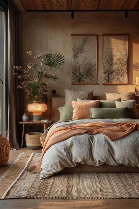 19 Best Earthy Modern Bedroom Ideas for a Cozy Retreat 35 Bedroom Nature Decor, Tonal Bedroom Ideas, Earthy Color Bedroom Ideas, Muted Colors Bedroom, Best Color Schemes For Bedroom, House Interior Natural Colors, Coffee Colored Bedroom, Master Room Aesthetic, Modern Luxury Bedding