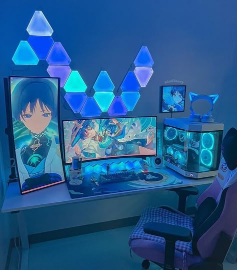 Gaming Room Blue Aesthetic, Genshin Gaming Setup, Genshin Impact Room Decor, Genshin Room Decor, Genshin Impact Room, Genshin Room, Blue Genshin, Kawaii Gaming Room, Adam Aesthetic