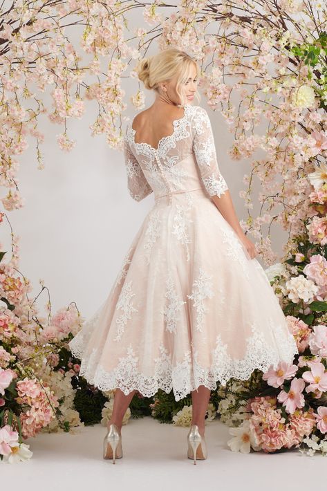 Elegant blush ballerina length wedding dress with three quarter sleeves Modern Tea Length Wedding Dress, Vintage Wedding Dresses Plus Size, Wedding Dresses Midi Length, Tea Length Bridal Dresses, Cream Wedding Dress With Sleeves, Older Bride Wedding Dress Over 60, Pretty Vintage Dresses, Vintage Midi Wedding Dress, Bridal Arches