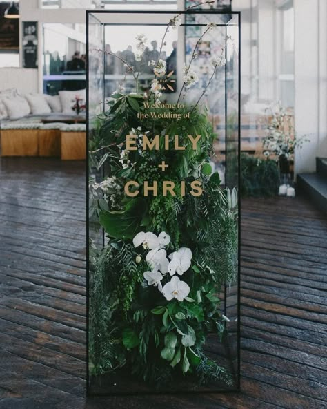 Make a big first impression on your guests with a glass-box installation filled with orchids and fresh ferns (the gold type really pops against the lush greenery!). Industrial Wedding Inspiration, Rustic Wedding Decorations, Wedding Schedule, Contemporary Wedding, Wedding Guide, Wedding Signage, Industrial Wedding, Romantic Weddings, Wedding Planners