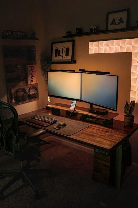 desktop / desktop setups / aesthetic desk setups / amazing desk setup / gaming desktops / gaming desktop setups / dream desk setup/ room ideas / ro om decorations Setup Room Ideas, Desk Pc Build, Dream Desk Setup, Desk Setup Gaming, Desk Setup Ideas, Home Office Dark, Bedroom Workspace, Modern Home Offices, Dream Desk