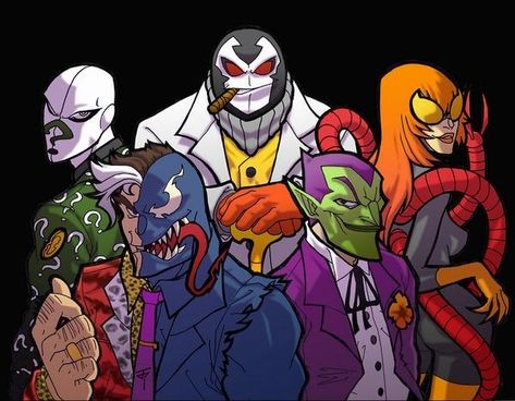 Batman/Spider-Man Villain Mashup Batman Spiderman Fusion, Spider Man Villains, Batman Alternate Versions, Spider Man Villains Art, Spider Man Vs Villains, Amalgam Characters, Jupiter Project, Batman Menacing, Amalgam Comics