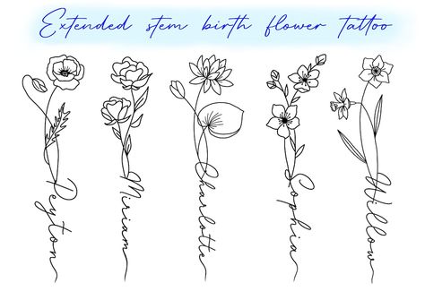 Birth Flower With Name In Stem, One Stem Flower Tattoo, Birth Flower And Name Tattoo, Flower Tattoo With Words As Stem, Flower Tattoos With Names, Kids Birth Flower Tattoo Ideas, June Flower Tattoo, Birth Flower With Name, March Flower Tattoo