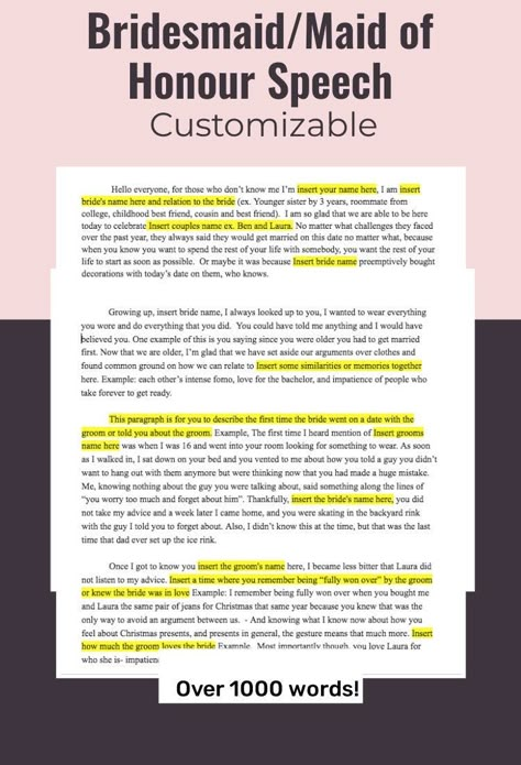 STOP SPENDING HOURS STRESSING OVER THE PERFECT THING TO SAY! Use my speech template made from hours of research online and includes the perfect things to say in a maid of honor speech.  Downloadable in Microsoft Word for easy editing to the name of your bride and groom! 2 page and 1078 words Maid of honor/bridesmaid speech template guaranteed to get laughs, make people smile and maybe even some tears. Take the stress out of trying to plan the perfect speech by using my template that will be sent Bridesmaid Speech Examples, Speech Bridesmaid, Maid Of Honour Speech, Bridesmaid Speech, Matron Of Honor Speech, Best Friend Wedding Speech, Speech Template, Sister Wedding Speeches, Bride Speech