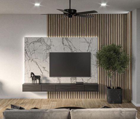 The wood panels in this living room are able to provide an attractive appearance for you to try. The picture behind the TV combined with these marble accents will also result in the perfect home decoration. Living Room Wall Panel from @cwwoodcraftusa #accentwallideas #wallupgrade Tv Accent Wall, Tv Wall Panel, Feature Wall Living Room, Tv Room Design, Tv Wall Decor, Tv Wall Design, Tv Decor, Home Design Living Room, Living Room Tv Wall