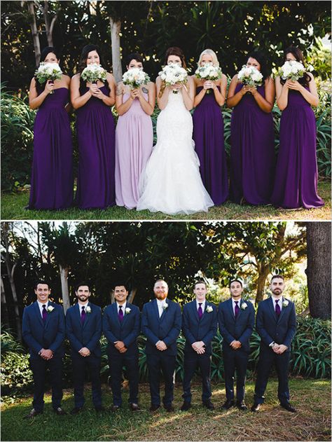 Galaxy Themed Wedding Bridesmaid Dresses, Purple And Grey Wedding Party, Royal Blue Purple Wedding, Midnight Blue And Purple Wedding, Purple And Blue Winter Wedding, Navy Purple Wedding, Plum And Navy Wedding, Plum Wedding Dresses, Purple Bridal Party