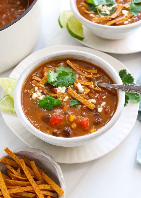 Vegetarian Tortilla Soup Vegetarian Tortilla Soup, Vegan Tortilla Soup, Tortilla Strips, Dinner Rotation, Cup Of Soup, Black Bean Soup, Vegan Soup Recipes, Carb Meals, Insta Pot