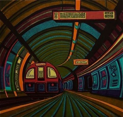 Gail Brodholt - "Going Underground", linocut. You can see more of her work  on her website: http://www.gailbrodholt.com/Home.html Gail Brodholt, Relief Printing, Train Art, Woodcuts Prints, London Transport, Gcse Art, London Underground, Wood Engraving, Lino Print