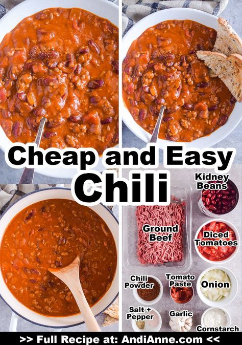 This homemade chili recipe is a quick, easy and cheap meal idea. Perfect for chilly days when you’re craving a comforting bowl of soup or stew. Ground beef, onions and kidney beans are mixed with diced tomatoes, tomato puree, and chili powder. It’s an easy family favorite! No Onion Chili Recipe, Best Simple Chili Recipe, Cheap Chilli Recipe, Easy Thick Chili Recipe, Simple Chili Recipe No Beans, Easy Homemade Chili Recipe Simple, Chilli Easy Recipe, Kidney Bean Chili Recipes, Easy Cheap Ground Beef Recipes