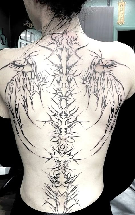 Back Tattoo Ornamental Design, Back Cybersigilism Tattoo, Y2k Millenium, Kim Jaewon, Emo Tattoos, Grunge Tattoo, Tattoo Themes, Sigil Tattoo, Wicked Tattoos