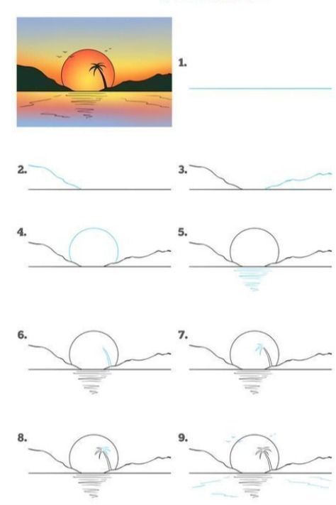 Sunset Drawing Easy Step By Step, Art Sketches For Beginners Step By Step, Sunset Ideas Drawing, Easy To Draw Beach Scene, Landscape Drawing Easy Step By Step, Simple Beach Scene Drawing, Sunset Water Drawing, Landscape Sunset Drawing, Drawing Ideas Easy Sunset