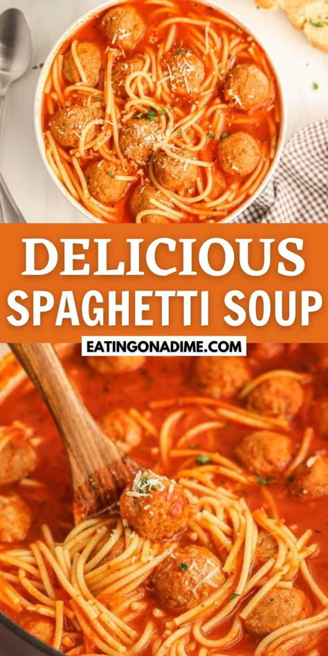 Spaghetti Soup Recipe - Eating on a Dime Hot Dog Soup, Healthy Tomato Soup, Recipes With Diced Tomatoes, Spaghetti Soup, Red Potato Salad Recipe, Crockpot Spaghetti, Red Potato Salad, Pizza Soup, Red Potato