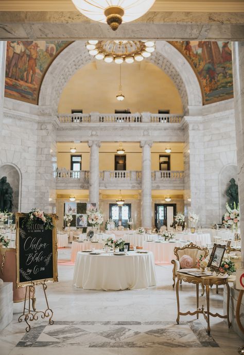 Elegant blush and gold wedding at the Utah State Capitol Building.  Vintage furniture rentals and custom calligraphy completed this stunning event. Utah Capitol Wedding, Utah State Capitol Wedding, Utah State Capitol, Blush And Gold Wedding, Lds Wedding, Utah State, Custom Calligraphy, Wedding Decor Inspiration, Wedding Flower Inspiration