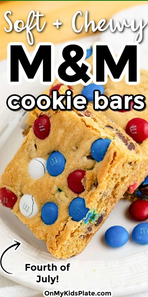 Sugar Cookie M M Bars, Red White And Blue Cookie Bars, M And M Cookie Recipe Bar, 4th Of July M&m Cookie Bars, 4th Of July Magic Cookie Bars, Red White And Blue M&m Cookies, Fourth Of July Cookie Bars, Summer Desserts Easy Bars, Patriotic Cookie Bars