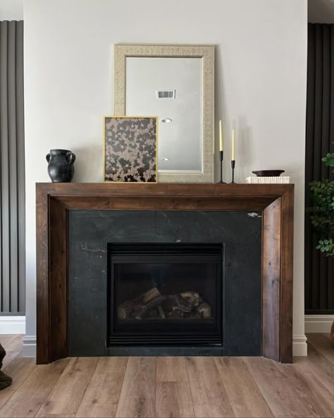 Dark Brown Fireplace Mantle, Living Room Tv Not Over Fireplace, Wood Mantle Surround, Tile Above Fireplace, Mantle Designs Fireplace, Fireplace Bump Out, Grey Tile Fireplace, Tv Bigger Than Fireplace, Window Above Fireplace