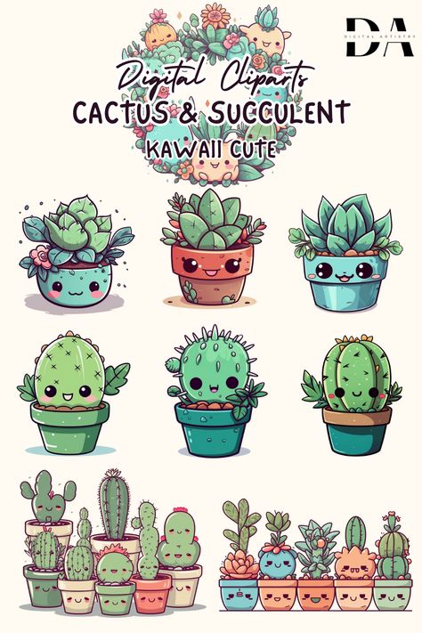 Kawaii Cute Cactus & Succulent Clipart. This download includes 15 kawaii cute cactus & succulent animated graphics. They are perfect for party props, menus, scrapbooking or any creative project! Kawaii Plants Drawing, Kawaii Cactus, Succulent Clip Art, Cute Cactus, Kawaii Plants, Succulent Doodle, Succulents Drawing, Cactus Drawing, Cactus Art