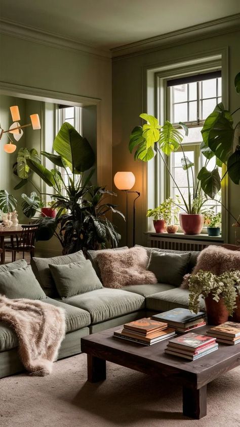 Plant House Decoration Living Rooms, Cozy Green Apartment, Earthy Living Room Green Couch, Living Room Inspiration Earthy, Apartment Decorating Green, Green Eclectic Living Room, Living Room Inspiration Cozy Green, Green Cozy Living Room, Cozy Green Living Room