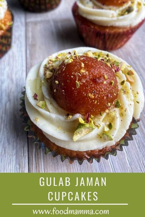 These Gulab Jaman cupcakes are perfect for celebrating! Moist cupcakes topped with buttercream and one little sweet treat. Gulab Jamun Cupcakes, Indian Cupcakes, Diwali Cupcakes, Gulab Jaman, Fusion Desserts, Moist Cupcakes, Unique Cupcakes, Easy To Make Appetizers, Caramel Toffee