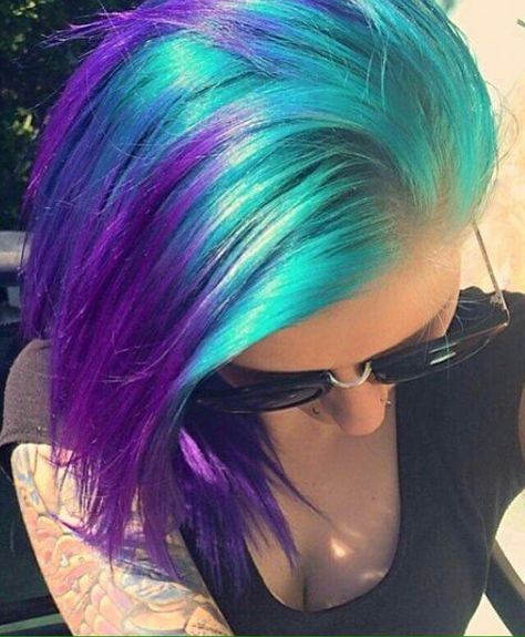 Teal purple hair turquoise Blue And Purple Hair, Underlights Hair, Mermaid Hair Color, Temporary Hair Dye, Makeup Tip, Turquoise Hair, Creative Hair, Dye Ideas, Bright Hair