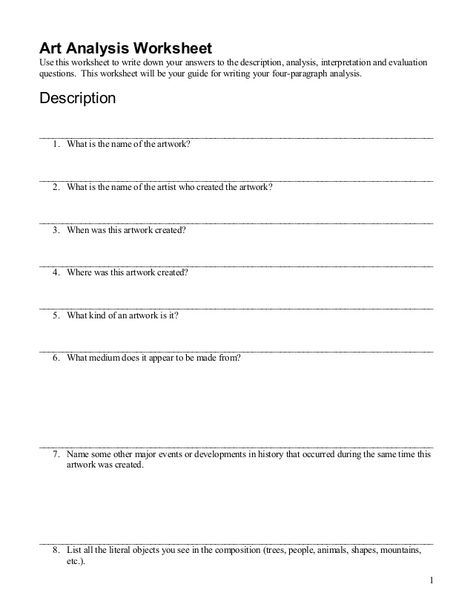 Art Analysis WorksheetUse this worksheet to write down your answers to the description, analysis, interpretation and evalu... Artwork Analysis, Poetry Analysis Worksheet, Ks3 Art, Art Assessment, Igcse Art, Art Analysis, Graphic Communication, Poetry Analysis, Art Critique