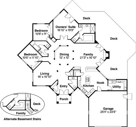 Contemporary House Plan - 3 Bedrooms, 2 Bath, 2417 Sq Ft Plan 17-179 Octagon House, Beach House Plan, Sims Inspiration, Unique Floor Plans, Beach House Plans, Monster House Plans, Monster House, Sims House Plans, Contemporary Style Homes