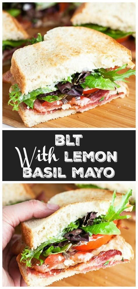 This BLT with Lemon Basil Mayo puts a gourmet twist on the classic sandwich! This BLT sandwich is loaded with bacon, tomatoes, and greens. It's topped with the best lemon basil mayo sauce! This easy recipe makes a great lunch or dinner. It's great on toasted breaded or in a low carb wrap. This simple sandwich is bursting with flavor! #blt #sandwich #basil #mayo #lunch #recipes Sandwich Blt, August Recipes, Homemade Takeout, Low Carb Wrap, Blt Sandwich Recipes, Basil Mayo, Blt Sandwiches, Food Sandwiches, Sandwiches Recipes