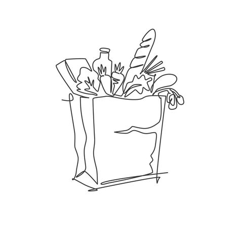 One Continuous Line Drawing, Paper Grocery Bags, Single Line Drawing, Drawing Bag, Continuous Line Drawing, Grocery Items, Delicious Vegetables, Food Concept, Continuous Line