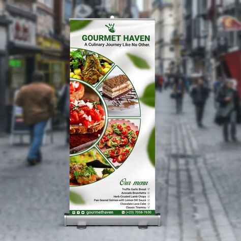 Gourmet Haven Restaurant Roll up banner and brochure design Restaurant Roll Up Banner Design, Restaurant Banner Design, Lamb Chops Pan Seared, Restaurant Banner, Standing Banner Design, Banner Inspiration, Lemon Dill Sauce, Roll Up Design, Roll Up Banner