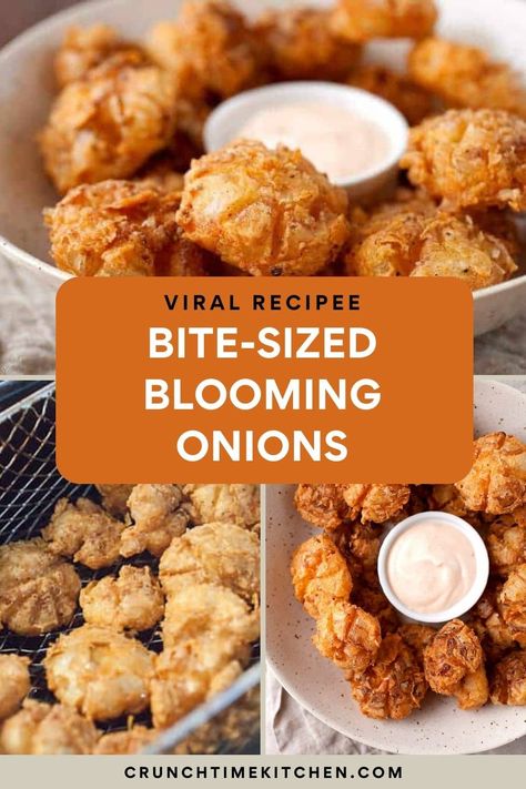 These bite-sized blooming onions are a fun appetizer for any party! Fry them up and get to dipping! crunchtimekitchen.com #fried #appetizers #bloomingonions #outback #copycat #bitesized Mini Blooming Onion, Air Fried Vegetable Recipes, Blooming Onion Recipe, Chicken And Dumplin Recipe, Fried Appetizers, Dumplin Recipe, Blooming Onions, Blooming Onion Recipes, Happy Hour Appetizers