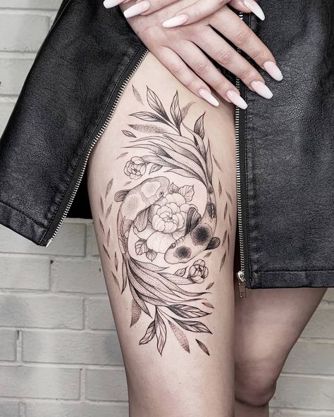 yinyangtattoo Koi Fish Yin Yang Tattoo Women, Yin And Yang Koi Fish Tattoo With Flowers, Japanese Koi Fish Ying Yang Tattoo, 2 Koi Fish Tattoo Yin Yang, Peony And Koi Fish Tattoo, Koi Tattoo Thigh, Koi And Lotus Tattoo Design, Pisces Tattoo Thigh, Koi Couple Tattoo