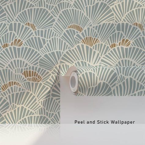 Soft Blue and Gold Fan Shell Art Deco Wallpaper Art Deco Wall Design, Blue Gold Wallpaper, Blue And Gold Wallpaper, Powder Room Wallpaper, Deco Wallpaper, Sophisticated Art, Modern Vintage Decor, Art Deco Wall, Art Deco Wallpaper