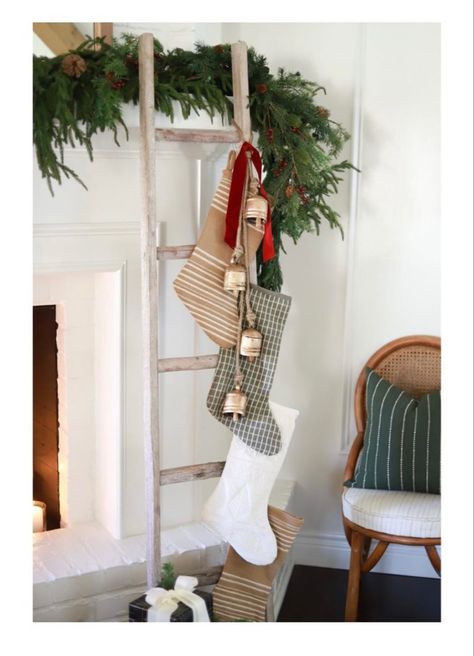 Blanket Ladder Christmas, Stocking On Blanket Ladder, Hang Stockings On Blanket Ladder, Ladder For Stockings, Blanket Ladder Stocking, Christmas Stocking Ladder, Christmas Blanket Ladder Decor, Old Ladder Christmas Decor, Stockings On Ladder Christmas