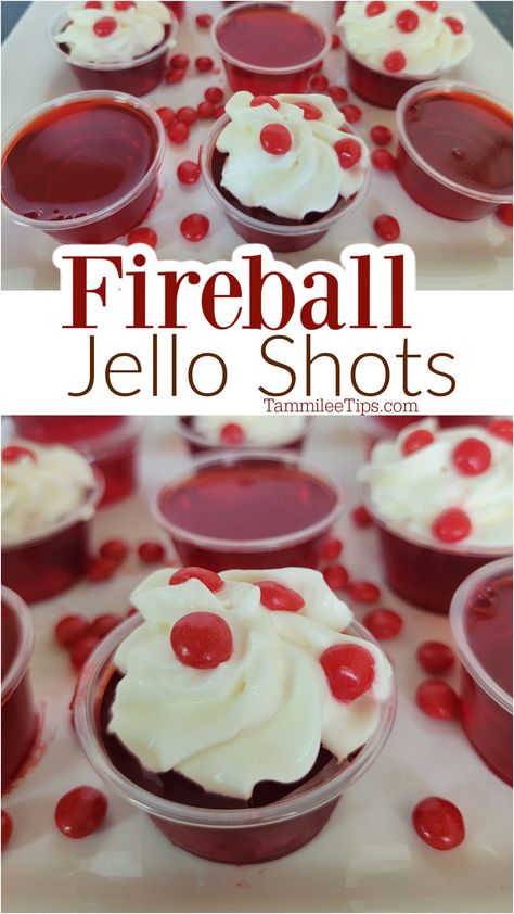 Easy Fireball Jello Shots are the perfect combination of spicy cinnamon flavor and cherry jello! So easy to make and everyone loves them! The perfect Christmas Jello Shot! Fireball Jello Shots Recipe, Fireball Drinks Recipes, Fireball Jello Shots, Cherry Jello Shots, Candy Corn Jello Shots, Jello Shots Recipe, Christmas Jello, Christmas Jello Shots, Red Hots Candy