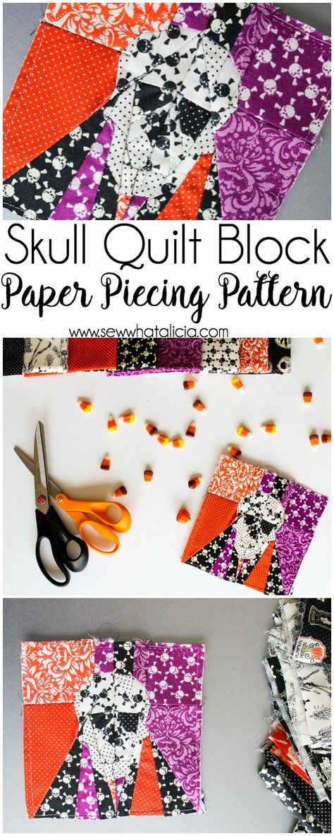 Skull Quilt Block Paper Piecing Pattern: This is a great paper piecing tutorial for Halloween! This sewing tutorial is perfect for those who love to paper piece. Click through for the tutorial and a video walkthrough. #sewwhatalicia | www.sewwhatalicia.com Skull Quilt Block, Skull Quilt, Paper Piecing Tutorial, Tote Bag Pattern Free, Halloween Sewing, Beginner Sewing Projects Easy, Paper Piecing Patterns, Leftover Fabric, Fabric Baskets