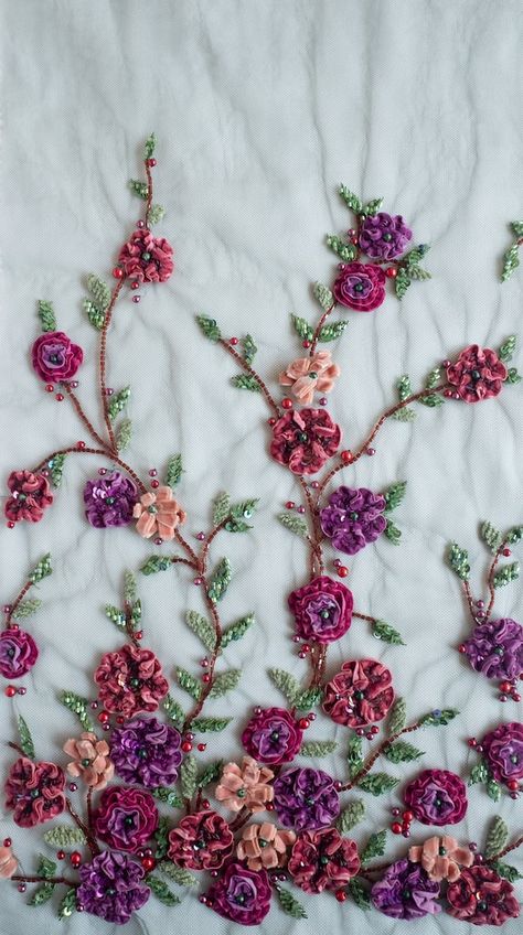 Green Embroidery, Embroidered Velvet, Beaded Tulle, Velvet Flowers, Purple Plum, Autumn Colours, Ribbon Work, Silk Ribbon Embroidery, 자수 디자인