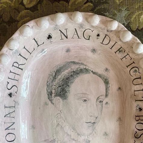 Pollyanna Johnson Ceramics on Instagram: "Prints being added to my shop tomorrow while I’m working on some new ceramic pieces for a shop update A platter of Mary Queen of Scots paired with all the words you shouldn’t call your mother" Text On Ceramics, Ceramic Name Plate, Beatrice Wood Ceramics, Ceramic Bowl With Eyes, 2023 Prints, Ceramic Plaque, Queen Of Scots, Instagram Prints, Mary Queen Of Scots