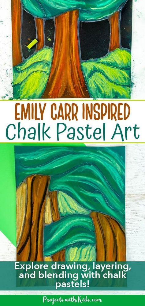 Use vibrant chalk pastels on black paper to make this gorgeous Emily Carr inspired art project with an easy glue resist technique. Only a few supplies needed! Step by step tutorial included. Nature Art Lessons, Whole School Art Project, Easy Elementary Art Projects, Pastel Chalk Art, 5th Grade Art Projects, Texture Artists, Pastels On Black Paper, Tree Art Project, Art Club Projects