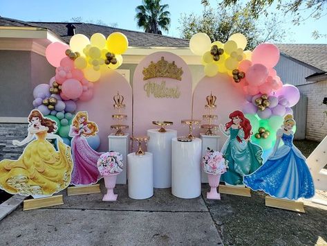 Disney Princess Party Backdrop, Princess Theme Balloon Decoration, 1st Birthday Princess Theme Decorations, Baby Disney Princess Birthday Party, Disney Princess Balloon Garland, Princess Balloon Arch, Princess Birthday Party Backdrop, Princess Balloon Decorations, Disney Princess Backdrop