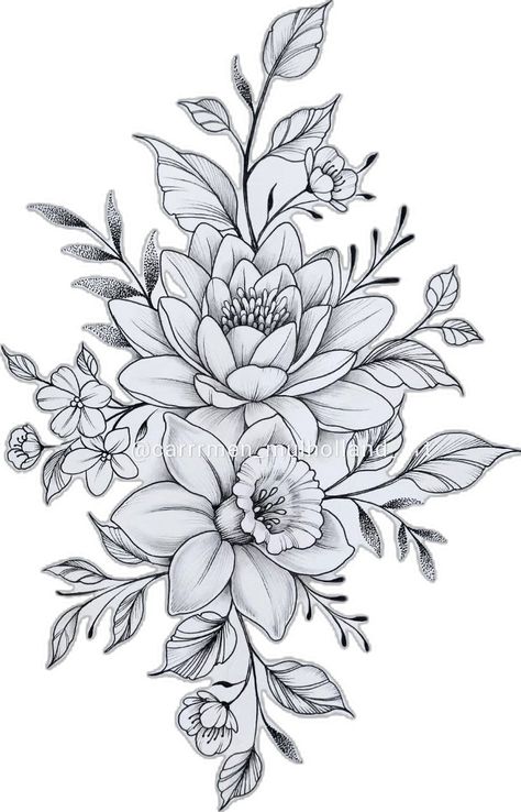 Floral bouquet of a water lily and daffodil in black and grey illustration. Floral Fine Line Tattoo, Fine Line Tattoo Design, Floral Fine Line, Line Tattoo Design, Daffodil Flower Tattoos, Lotus Flower Drawing, Flower Tattoo Stencils, Cute Thigh Tattoos, Tattoo Style Art