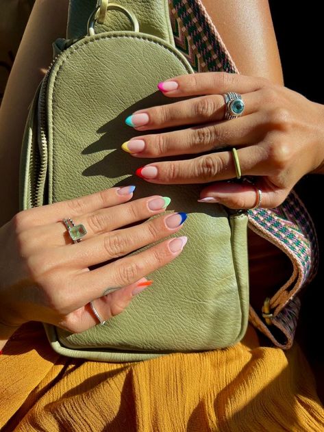 Multi Coloured Nails Tips, Multi Color French Nails, Multi Coloured French Tips, French Tips Multi Color, Multicolour French Tips, Multi Colored French Tips, Different Colored Hands Nails, Multicoloured French Tips, Multi Colored French Nails